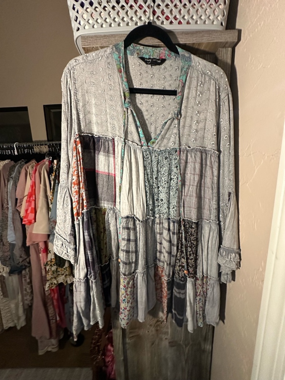 Boho Patchwork Tunic Top in Gray Multi